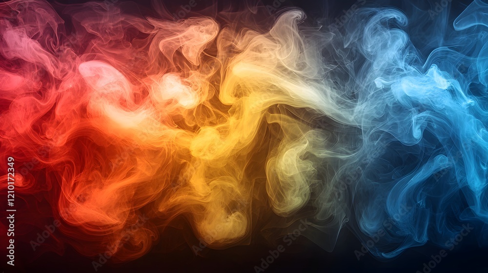 Fototapeta premium Swirling fog and smoke in vibrant red yellow orange and blue colors forming an abstract cinematic and dramatic background This surreal and ethereal image creates a sense of mystery and imagination