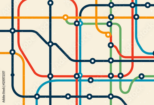 Minimalist Subway Map Pattern: Colorful Lines & Dots. Clean and simple design with a flat vector style, ideal for backgrounds, textiles, and branding projects.

