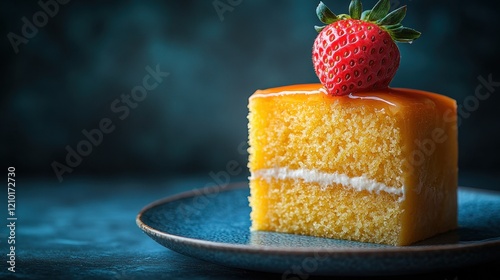 Delicious cake slice, strawberry, dark background, dessert menu photo