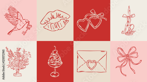 Love and wedding sketch style illustration set. 