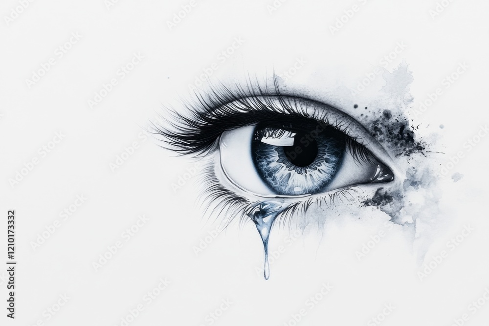 A minimalist depiction of a single tear falling from an eye, drawn in simple black lines with a soft blue accent for the tear A minimalist depiction of a single tear falling from an eye, drawn in simple black lines with a soft blue accent for the tear