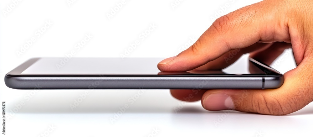 Hand holding smartphone, white background, advertising Hand holding smartphone, white background, advertising