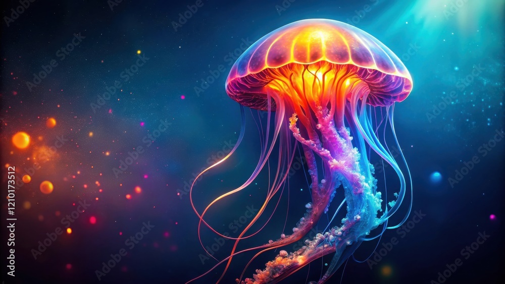 Luminous Jellyfish in Vibrant Underwater Scene with Glowing Particles