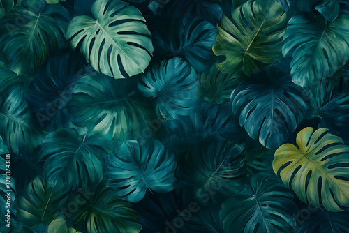 Tropical monstera foliage with deep green hues