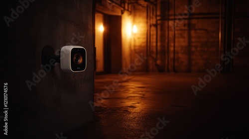 Security camera, basement, monitoring, dimly lit, pipes, surveillance, open door, investigation photo