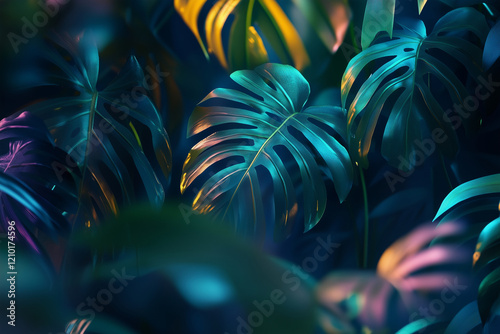 Tropical monstera leaves in rich and vibrant colors