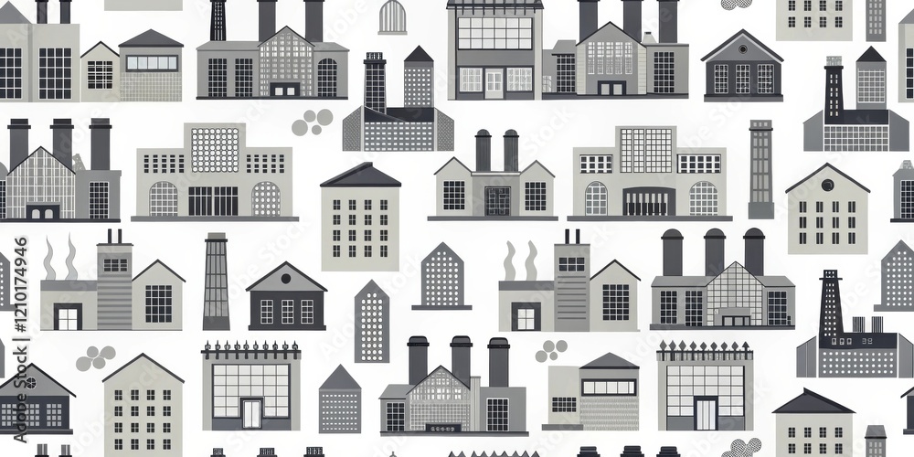 Fototapeta premium A grayscale illustration featuring a diverse collection of industrial and commercial building designs, showcasing various architectural styles and sizes.