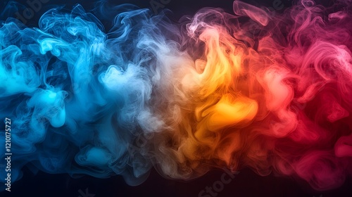 Dramatic and Moody Atmospheric Abstract Background Featuring Colorful Swirling Smoke and Fog in Bold Red Orange Yellow and Blue Hues photo