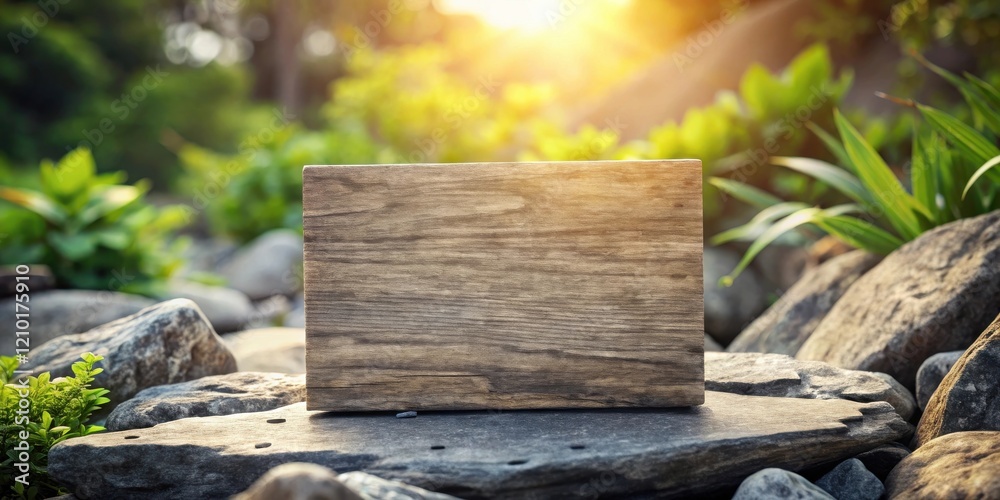 Fototapeta premium Serene Nature Scene with Blank Wooden Sign on Rocks