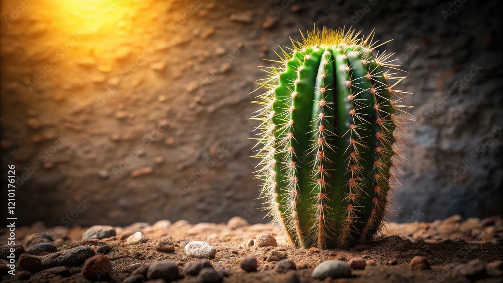 Naklejka premium A lone desert cactus bathed in warm sunlight, standing resilient in arid soil amongst small rocks
