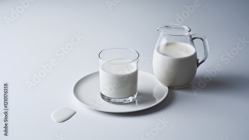 Minimalist arrangement of a clear glass filled with milk beside a matching milk jug