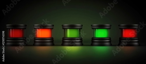 Illuminated Cylinders Red, Green Status Indicators on Dark Background