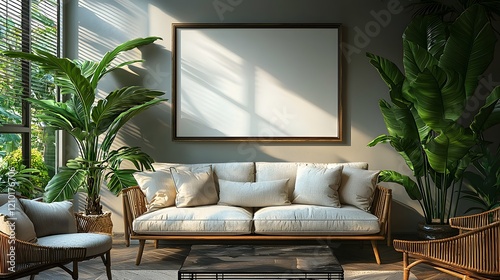 Stylish and modern minimalist living room design with a framed art piece on the wall complemented by natural light lush tropical plants and sleek comfortable furniture
