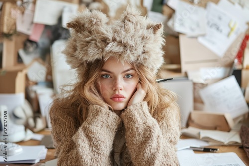A person sitting at their desk, surrounded by paperwork, twirling a pen with a bored expression on their face