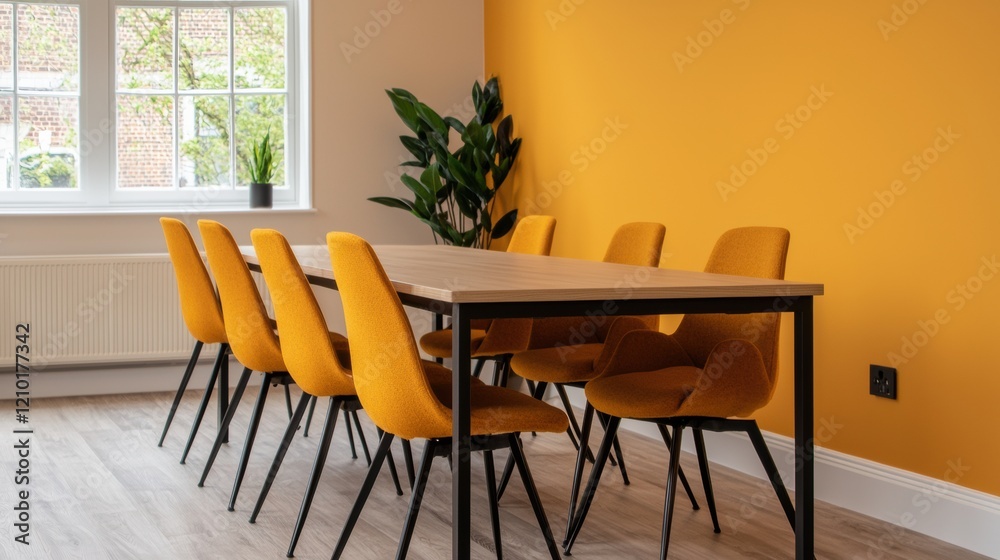 Fototapeta premium Modern workspace promoting teamwork and collaboration with vibrant yellow chairs