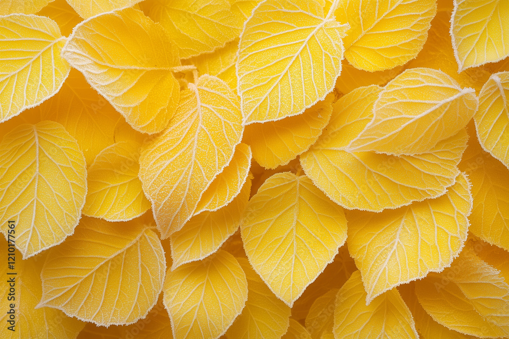 Frosted yellow leaves close-up