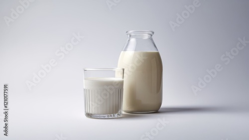 Minimalist arrangement of a clear glass filled with milk beside a matching milk jug photo