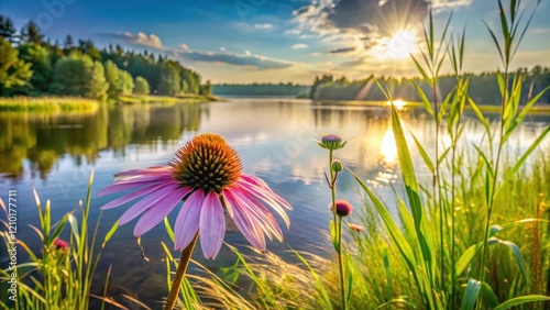 Purple Coneflower amidst tall grasses and wildflowers near a serene Minnesota lake, with sunlight filtering through the water's surface , minnesota flowers, nature landscape