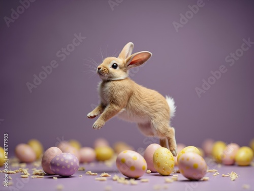 Cute easter bunny jumping over decorated eggs on purple background photo