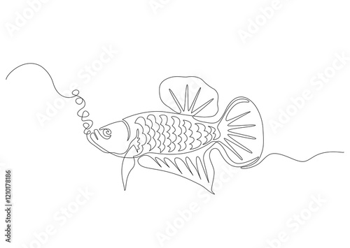 Continuous one line hand drawn of a Betta or fighting fish with bubbles isolted on white background, Vector illustrtion, Editable stroke