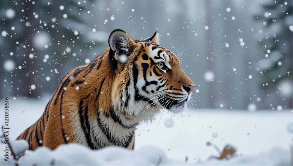 Obraz premium Siberian tiger standing in snowfall in winter forest