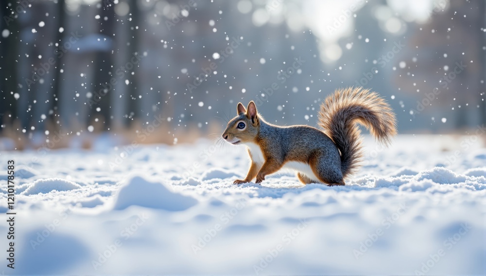 Squirrel running on snow during snowfall in winter forest Squirrel running on snow during snowfall in winter forest