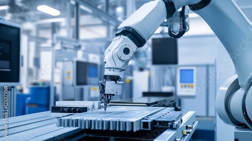 A robotic technician performing calibration on a high-precision manufacturing machine in a clean factory, organized and high-tech industrial setting, Precision style