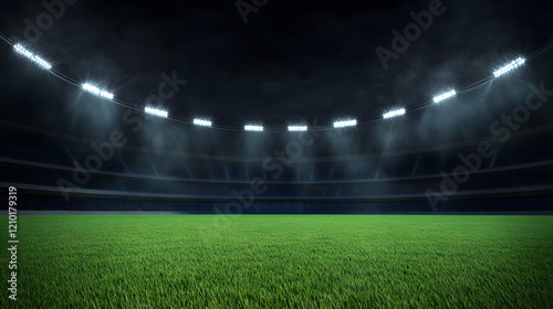 Football field illuminated by stadium lights, with copy space for text, highlighting the vibrant green pitch and the electrifying atmosphere of an evening match.
