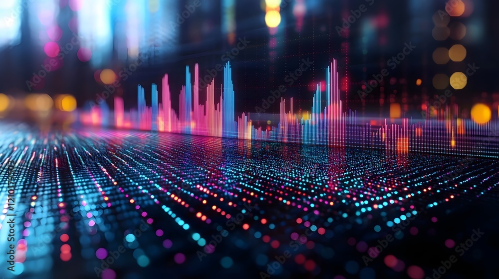 Obraz premium Vibrant data visualization with a dynamic abstract arrangement of colorful geometric shapes lines and grids creating a futuristic digital aesthetic for data analytics technology
