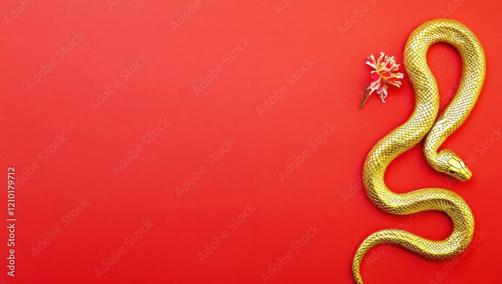 Minimalist Chinese New Year background featuring a golden snake and a single red flower on a vivid red backdrop. Perfect for festive designs and celebrations Minimalist Chinese New Year background featuring a golden snake and a single red flower on a vivid red backdrop. Perfect for festive designs and celebrations