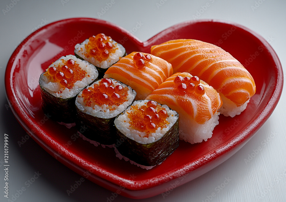 Sushi in a heart-shaped plate. Valentine's Day at the sushi bar. Sushi in a heart-shaped plate. Valentine's Day at the sushi bar.