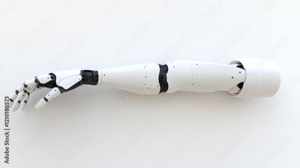 Robotic arm reaching, white background, studio shot, tech innovation Robotic arm reaching, white background, studio shot, tech innovation