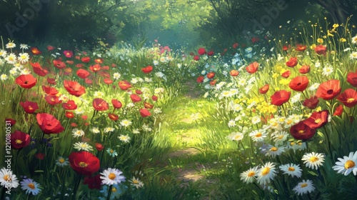 Vibrant wildflower field in sunny spring showcases a blend of colors and natural beauty