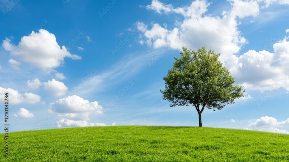 Lone tree on grassy hill under blue sky with scattered clouds