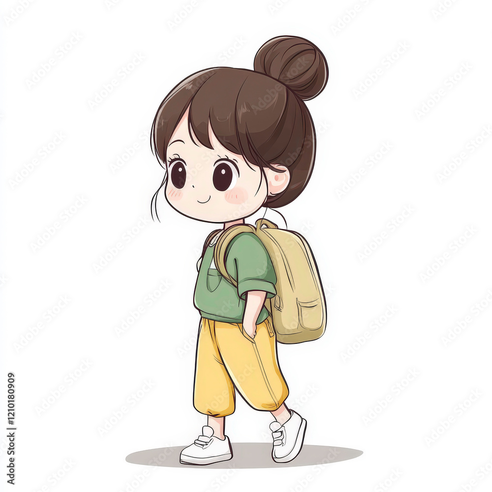 Cute cartoon girl character with playful expression, wearing casual clothes, walking with backpack, showcasing youthful style and vibrant personality Cute cartoon girl character with playful expression, wearing casual clothes, walking with backpack, showcasing youthful style and vibrant personality