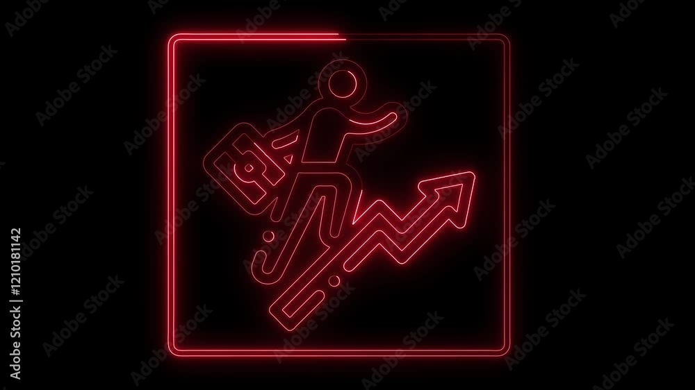 Glowing neon line job promotion, Career growth development concept red color, person climbing stairs with a glowing neon effect, Motivation to success and achieve work target to reach goal Glowing neon line job promotion, Career growth development concept red color, person climbing stairs with a glowing neon effect, Motivation to success and achieve work target to reach goal