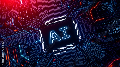 Abstract glowing printed circuit board with AI text written on it. Glowing AI text. AI revolution, the game changer in technology!
