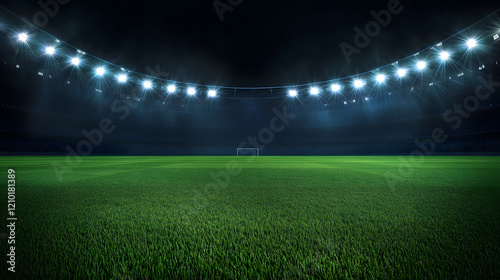 Football field illuminated by stadium lights, with copy space for text, highlighting the vibrant green pitch and the electrifying atmosphere of an evening match.

