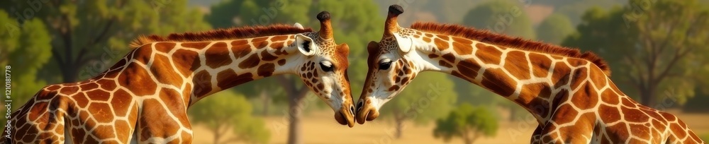 Adult giraffes engage in a shoving match, heads lowered , movement, wildlife behavior Adult giraffes engage in a shoving match, heads lowered , movement, wildlife behavior