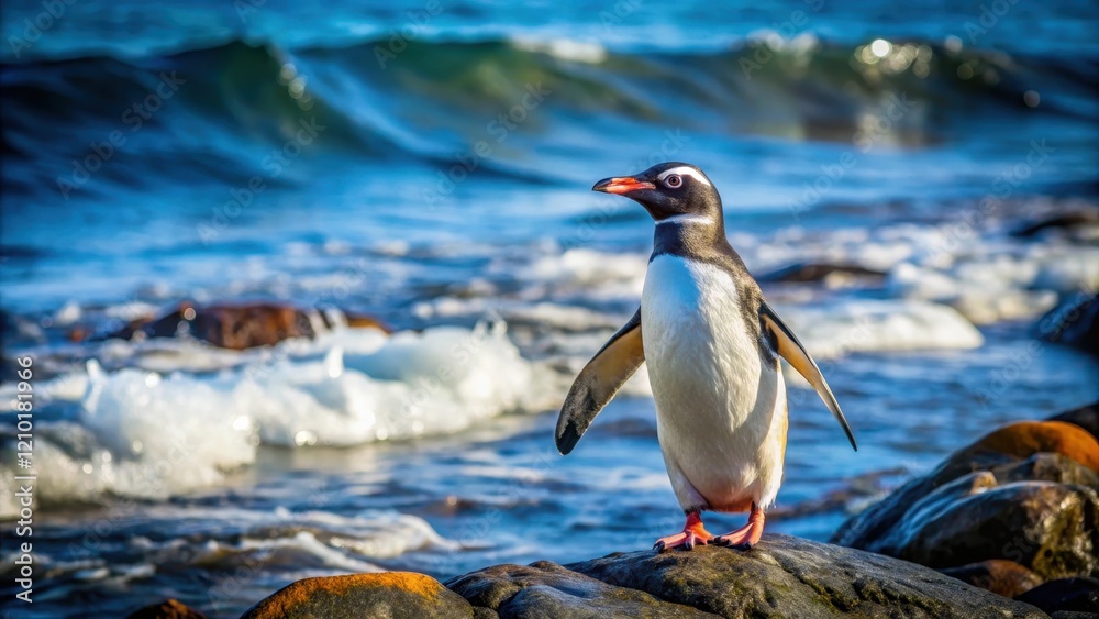 Naklejka premium Penguin waddling along a rocky coastline with the ocean in the background, rock, penguin, rock