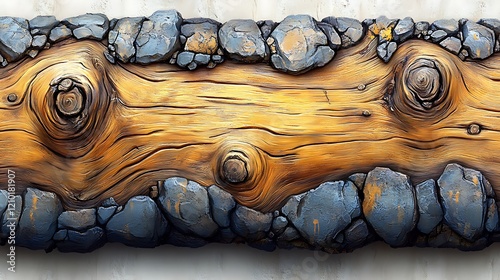 Rustic Log with Stone Accents:  A detailed close-up shot reveals a richly textured log, its warm, golden wood contrasted by dark, rocky accents along its edges. photo