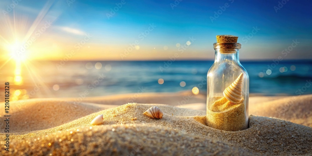 Obraz premium Seashells and Sand in a Glass Bottle at Sunset on a Beach
