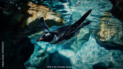 A penguin swmming in ice water near hills. photo