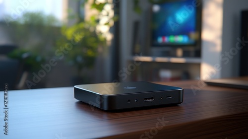 Sleek Black Mini PC on Wooden Desk, Modern Home Office Setup photo