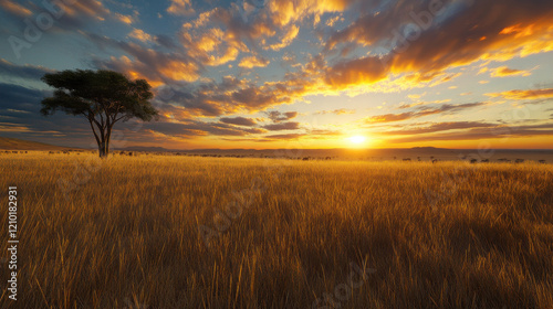 Golden savanna under a vibrant sunset, acacia trees on the horizon, warm and expansive