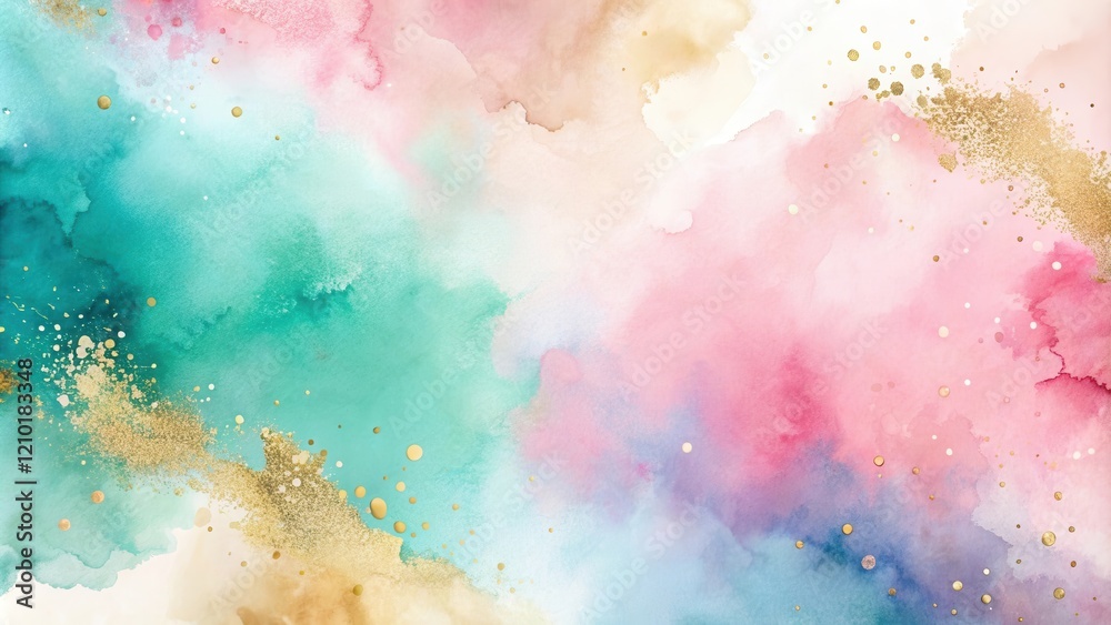 Fototapeta premium Abstract Pastel Watercolor Background with Gold Glitter Splashes