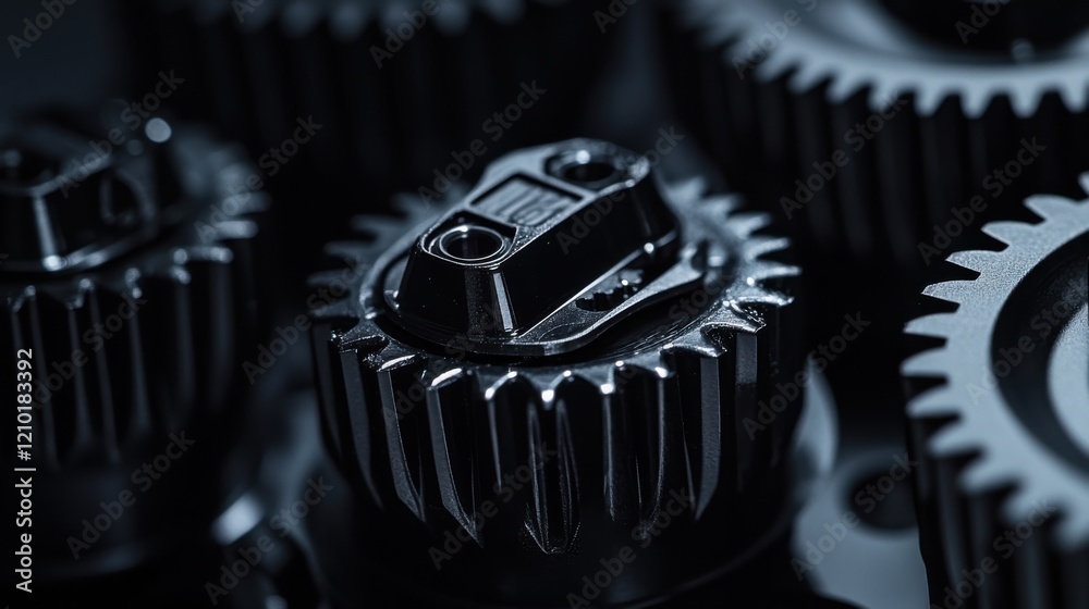 Close-up of the teeth on each side of black gears.
Close-up of the teeth on each side of black gears.