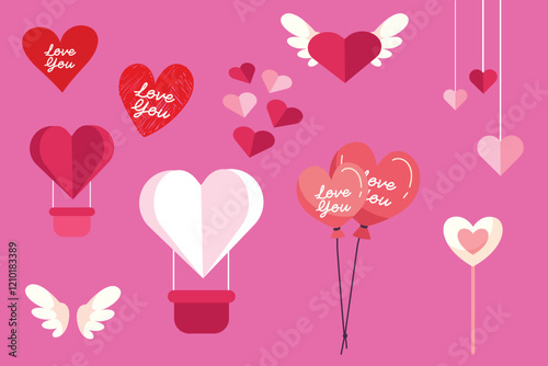 Cute love stickers set  elements for valentines day heart, ballon heart