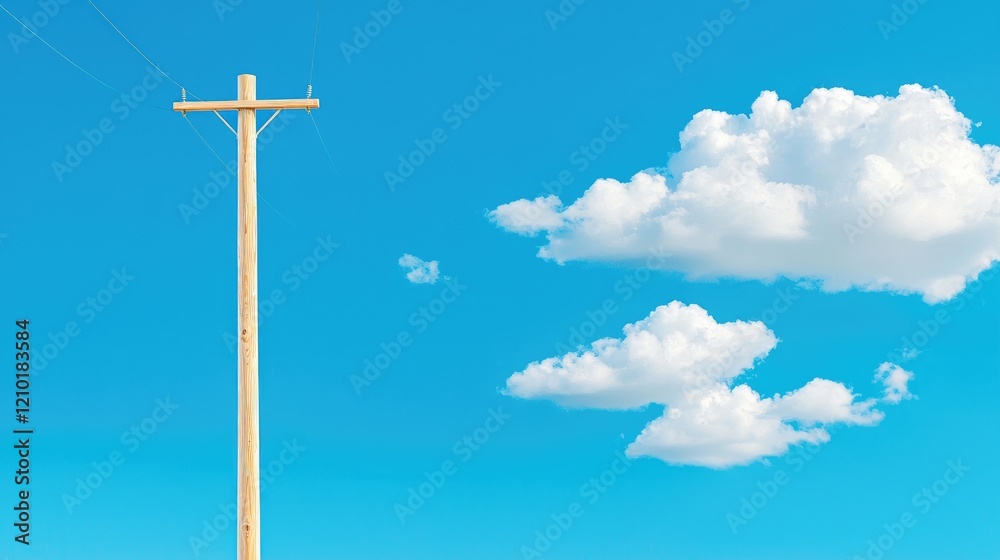 Wooden utility pole against a vibrant blue sky with fluffy clouds; background for communication or energy concepts Wooden utility pole against a vibrant blue sky with fluffy clouds; background for communication or energy concepts