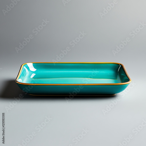 Elegant turquoise serving dish with gold trim, perfect for showcasing culinary creations with style and elegance. photo